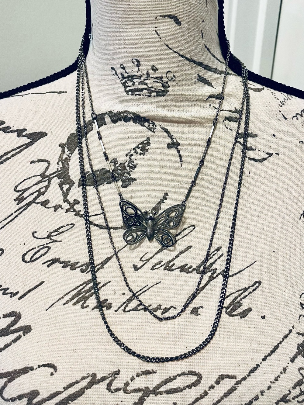 Vintage Layered Butterfly Necklace Artisan Style Silver Tone 24”